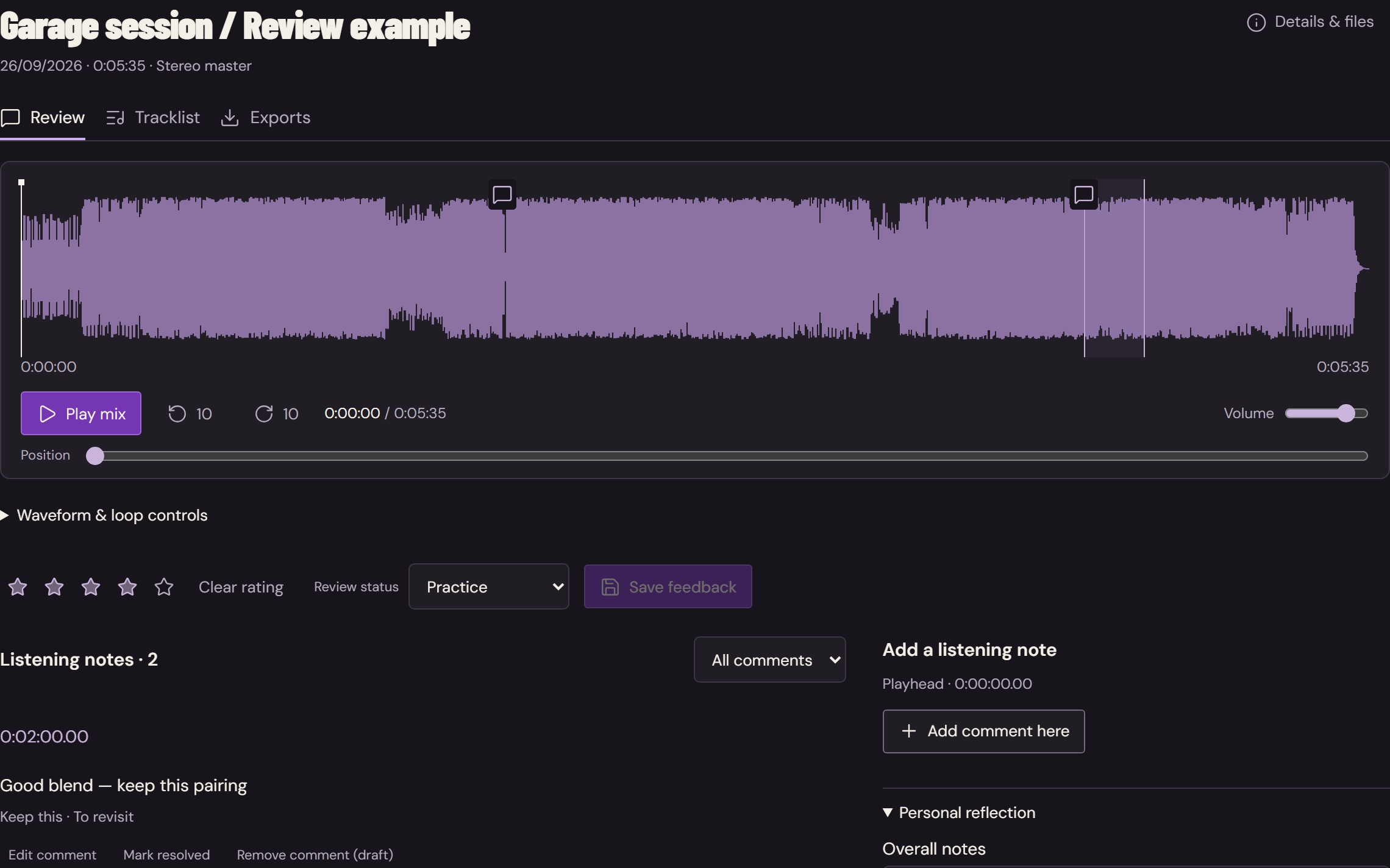 Mix review with its waveform, four-star rating and feedback attached to a specific timestamp.