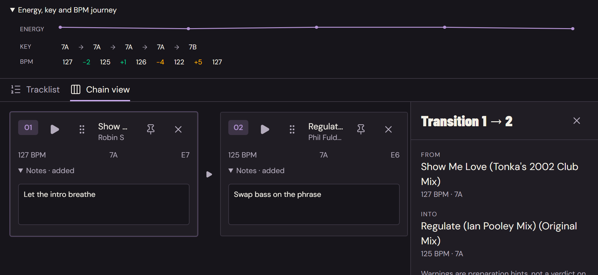 WISP Chain view showing track cards, BPM and key progression and transition notes.