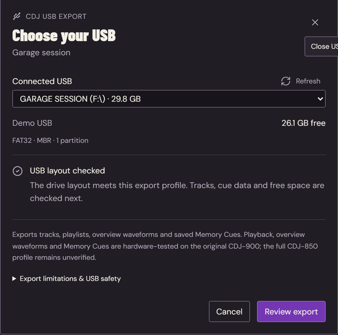 WISP's USB selector showing a fictional connected USB, available space and checked drive layout.